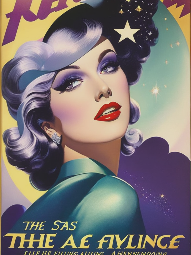 06934-2265132112-the cover of a newspaper with the words 'the stars are flying above her head', in the style of rolf armstrong, dark violet and l.png